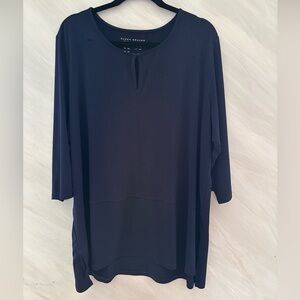 Susan Graver 2X Navy Keyhole Neckline 3/4 Sleeve Low. Knit Tunic Blouse
